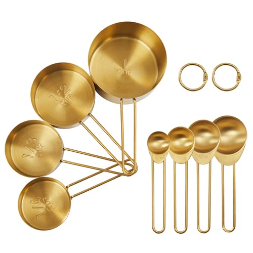 Golden 304 Stainless Steel Measuring Cups and Spoons Set,8PCS Stackable & Long Handle Fits Narrow Jars, Premium Gold Kitchen Accessories for Liquid & Dry Ingredients Baking Cooking, Durable&Rust-Proof
