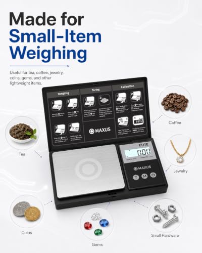 MAXUS Digital Pocket Gram Scale 500g x 0.01g High Precision with Tray, Weighs Small Food, Jewelry, Ounces, Grains, LCD Display, Tare Function - color: Black