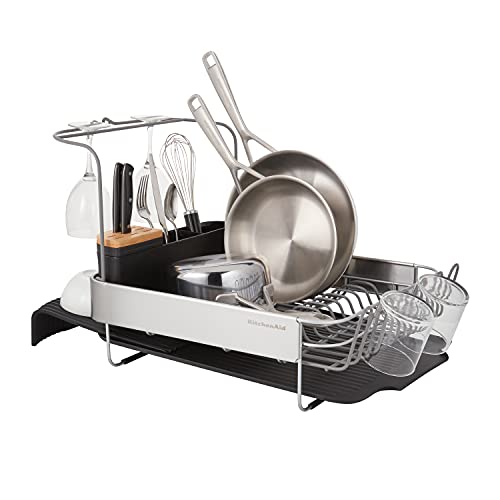 KitchenAid Full Size, Rust Resistant Expandable Dish Rack with Angled Self Draining Drainboard, 24-Inch, Black - color: Black, size: Expandable