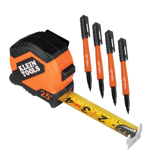 KLEIN TOOLS 80187 Skribes Measure and Mark Set with 4-Pack of Black Fine Tip Permanent Markers and 25-Foot Compact Double-Hook Tape Measure - style: Measure & Mark Set