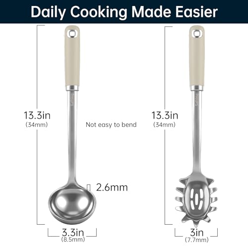 Safring Stainless Steel Soup Ladle and Spaghetti Spoon Set, Heat Resistant Rubber Handle, Dishwasher Safe, Kitchen Utensils for Cooking, Stirring, Serving Pasta, Soup & Sauce (Beige) - color: Beige