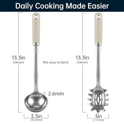 Safring Stainless Steel Soup Ladle and Spaghetti Spoon Set, Heat Resistant Rubber Handle, Dishwasher Safe, Kitchen Utensils for Cooking, Stirring, Serving Pasta, Soup & Sauce (Beige) - color: Beige