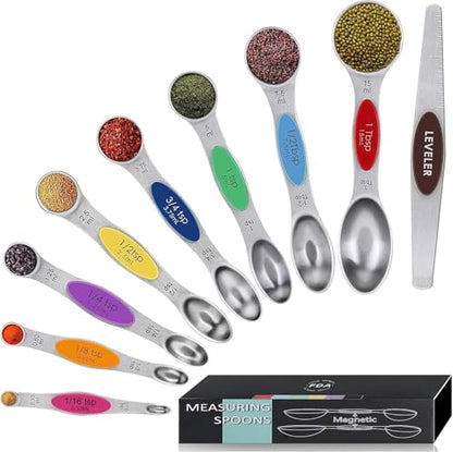 Magnetic Measuring Spoons Set,Heavy Duty Stainless Steel,Dual Sided Stackable Measuring Spoons Nesting Teaspoons Tablespoons for Measuring Dry and Liquid Ingredients,Set of 9 (Colorful) - color: Multicolor