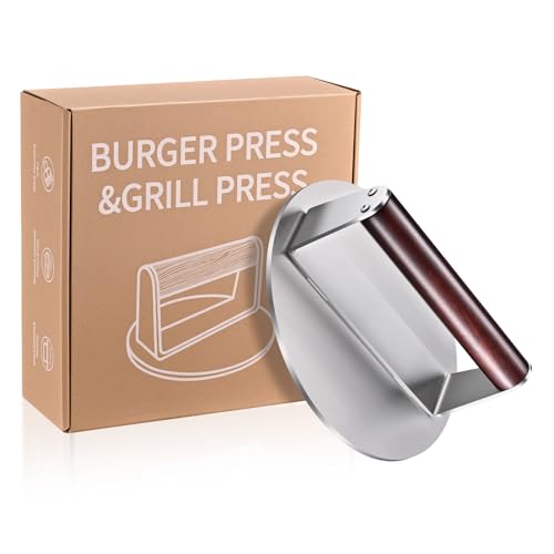 Heavy-Duty 6-Inch Smash Burger Press, 1.5 lb Stainless Steel Grill Press with Wood Handle, Non-Stick Burger Smasher for Hamburger, Bacon & BBQ - color: 6 inches - Silver