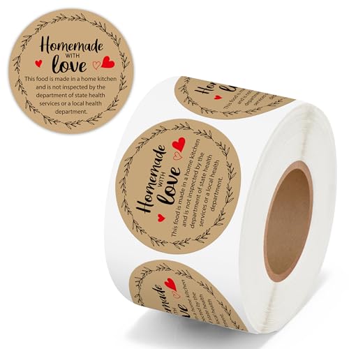 PANTIDE Cottage Food Law Labels Stickers - 500 Count Homemade with Love Adhesive Round Decal Roll, Made in A Home Kitchen Inspection Statement Thermal Printed for Packaging (2 x 2 Inch, Kraft Brown) - color: Food Law Kraft Brown