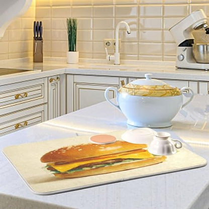 Burger Cheese Lettuce Beige Dish Drying Mat Kitchen Dish Drying Pad Absorbent Microfiber Kitchen Decor for Sinks Draining Racks Countertops 16x18 Inch - size: 16x18in