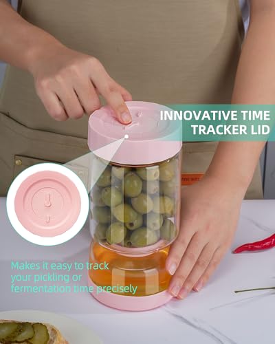 ZENS Pickle Jar with Strainer Flip, 37 oz Hourglass Pickle Juice Separator Container, Airtight Leakproof Lid, Dual Wet-Dry Design, Time Tracker Lid – 2 Pack Olive & Kimchi Jars - color: 01-Pink&Blue, size: 37oz 2pcs