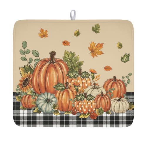 Fall Pumpkins Dish Drying Mat 18x16 Polka Dot Pumpkin Waterproof Autumn Thanksgiving Dish Drainer Mat Buffalo Plaid Maple Leaves for Kitchen Coffee Bar Outdoor Use Keeping Dry Holiday Party Decoration - color: Buffalo Plaid, size: 18" x 16"