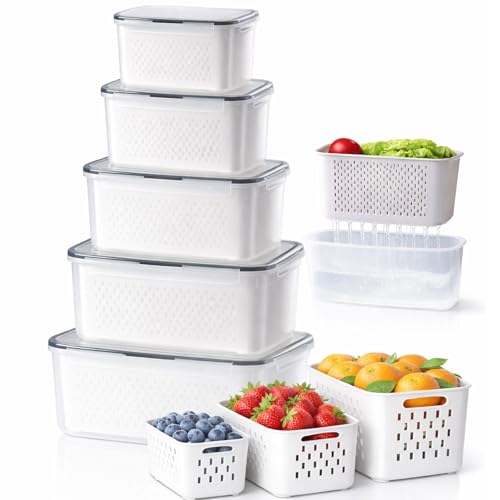4-in-1 Produce Saver Containers - Fresh Berry Keeper with Removable Colander & Airtight Lid - Stackable Fruit and Vegetable Fridge Organizer Bins - BPA-Free Plastic Food Storage (5pcs) - color: 5pcs