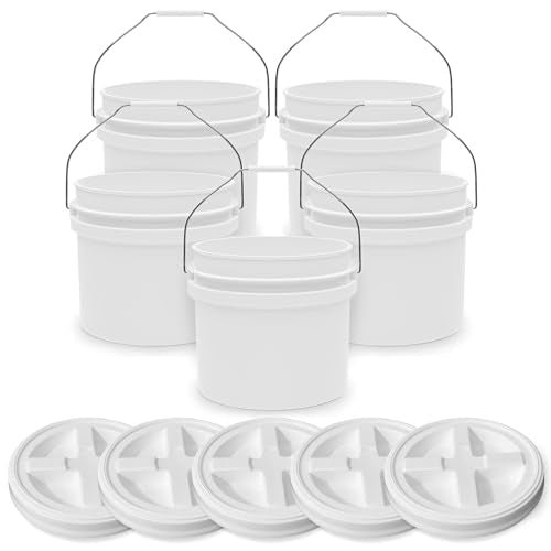 3.5-Gallon White Bucket Pail with Gamma Seal Screw on Airtight Lid, Heavy-Duty 90MIL Extra Durable, Food Grade, Metal Handles with Plastic Grip for Easy Carrying, Easy Stack & Store, BPA Free - 5 Pack - color: White - 3.5 Gallon, size: 5 Pack