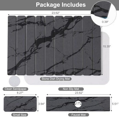 3 PCS Large Stone Dish Drying Mat for Kitchen Counter, Quick Dry Diatomaceous Earth Mat with Sink Faucet Pad, Marble Water Absorbing Stone Drying Mats for Dishes, Bottles and Cups - color: Dark Grey Marble