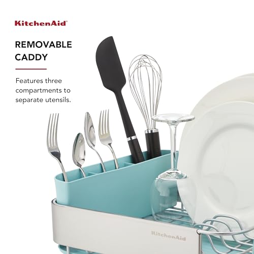 KitchenAid Compact Space Saving Rust Resistant Dish Rack with Removable Flatware Caddy and Angled Self Draining Drainboard, 12.63 x 15.87 x 5.54 Inch, Mineral Water - color: Mineral Water, size: Compact