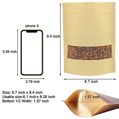 100 Pcs Resealable Stand Up kraft Paper Bags with Window for Packaging Products, Reusable Zip Lock Food Storage Pouch Bags (6.7" x 9.4") - size: 6.7" x 9.4"