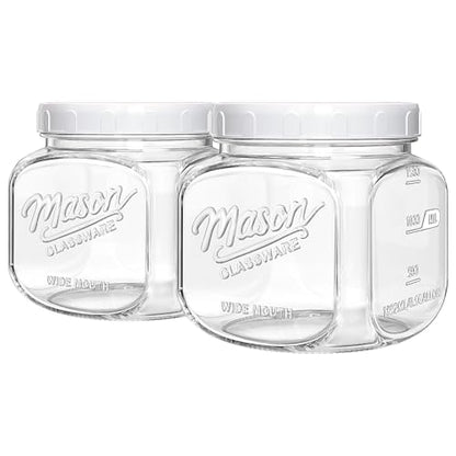 2 Pack Glass Cookie Jar with Airtight Lid, Half Gallon Mason Jar Wide Mouth for Food Storage, Flour, Sugar, Pasta, Sourdough - Square Glass Storage Containers with Marks, 64 Oz Canning Jars