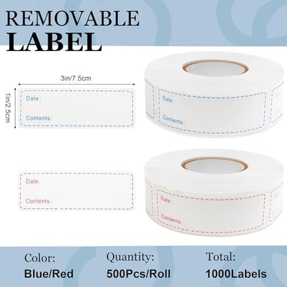 1000pcs Food Labels, AIMEIKI 1 x 3 Inch Removable Date Stickers Freezer Labels for Food Containers, Easy to Write-On & No Residue (2 Rolls) - style: 1x3inch labels