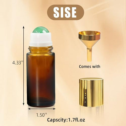 Green Aventurine Roller Bottles for Essential Oils, 50ml Refillable Amber Glass Roll On Bottles with Natural Crystal Roller Balls, Leak-Proof Travel Perfume Bottle with Gold Caps - color: Green Aventurine