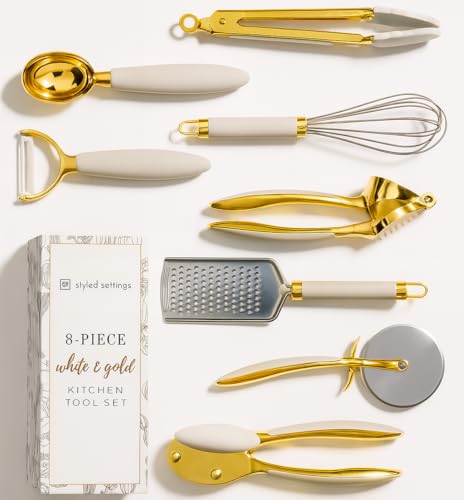 White & Gold Cooking Utensils Set - Luxe 8-Piece Kitchen Gadget Set Includes Can Opener, Tongs and Garlic Press - Stylish White and Gold Kitchen Accessories for Modern Kitchens, Ideal for Gifting - color: 8 PC White & Gold