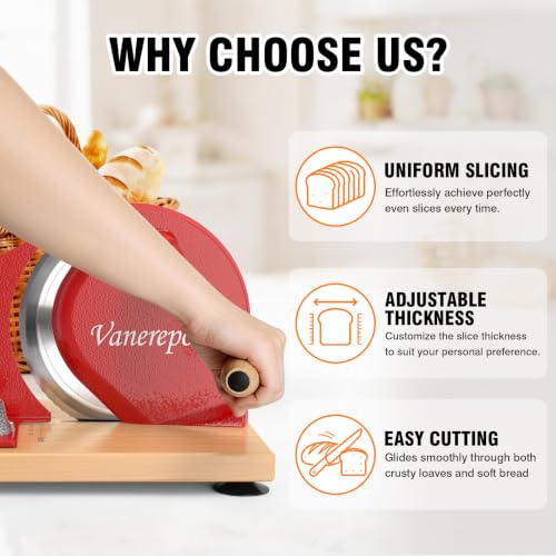 vanerepok Manual Bread Slicer Adjustable Thickness for Homemade Sourdough | Hand Crank Bread Cutter with Scale & Stable Suction Cups & Wood Base for Even Slicing Perfect Baking Gift for Home Bakers - color: Red