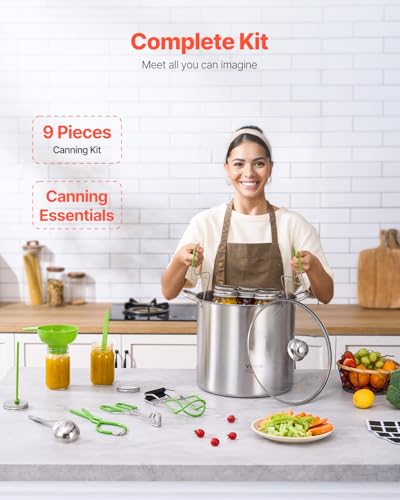 VEVOR Canning Supplies Starter Kit, 9 Pieces Stainless Steel Water Bath Canning Kit for Beginners, Canning Tools Set: Pot, Rack, Lid, Funnel, Tongs, Jar Lifter, Wrench, Magnetic Wand, Bubble Propper - size: 21QT+8PCS