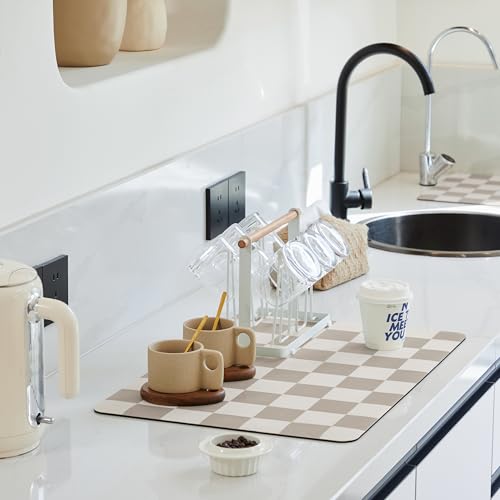 Ohocut Checkered Dish Drying Mat for Kitchen Counter, Coffee Bar Station Accessories, Retro Cute Aesthetic Modern Absorbent Drainer Mat Kitchen Drying Mat Easy Clean, Khaki 12" x 19" - color: Khaki, size: 19" x 12"