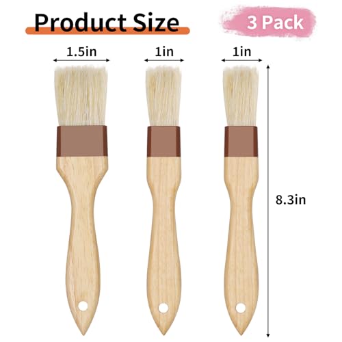3 Pack Natural Bristle Pastry Brush for Basting Baking Cooking Food | Wooden Handle for Grilling & BBQ, Shed-Resistant Cooking Brushes for Sauce, Oil, Butter and Marinade