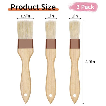 3 Pack Natural Bristle Pastry Brush for Basting Baking Cooking Food | Wooden Handle for Grilling & BBQ, Shed-Resistant Cooking Brushes for Sauce, Oil, Butter and Marinade