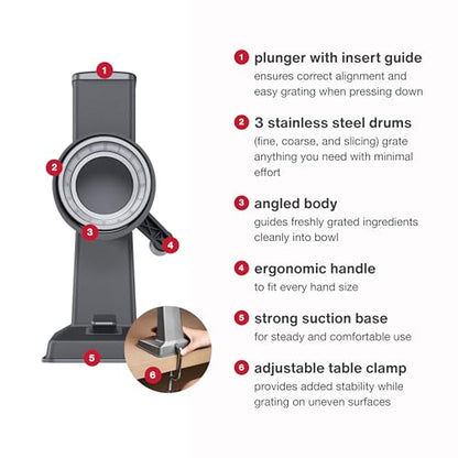 Zyliss Rotary Cheese Grater, Aluminium, 3 Steel Drum Blades, Cheese, Vegetable, Chocolate, Nut, Fruit Grater with Handle, Non-Slip Suction Foot and Table Clamp, 5 Year Guarantee - style: Grater and Drums