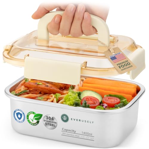Everusely - Large Stainless Steel Food Container + Snap Lock Lid - 47 oz - Airtight Food Storage Box - Meal Prep, Vegetables, Travel Lunch, Marinating Meat - Microwave, Oven, Refrigerator Safe - size: 1400mL