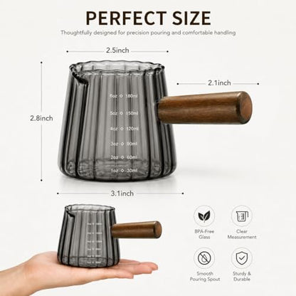2 Pack Espresso Measuring Cup 6oz, Febwind Ribbed Borosilicate Glass Espresso Shot Cups with Wood Handle, V-Shaped Spout with oz/ml Scale for Coffee and Milk Frothing Gray - color: Gray (2 Pack)