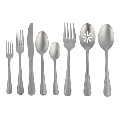 Gibson Home Sinta 87-Piece Stainless Steel Flatware Set with Bead Border Design – Service for 12 Plus Serving Utensils, Polished Silverware, Dishwasher Safe - size: Service for 12 w/ Serving Utensils (87pcs)
