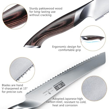 HOSHANHO Bread Knife 8 inch, Japanese High Carbon Stainless Steel Serrated Bread Knife, Professional Bread Cutting Knife for Homemade Bread - size: 8"