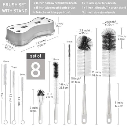 ALINK 8 Pack Bottle Brush Cleaning Set with Stand, Long Handle Bottle Cleaner with Holder for Narrow Neck Beer Wine Brewing Bottles, Stanley, Baby Bottles, Tumblers, Drinking Glasses, Straws - color: White