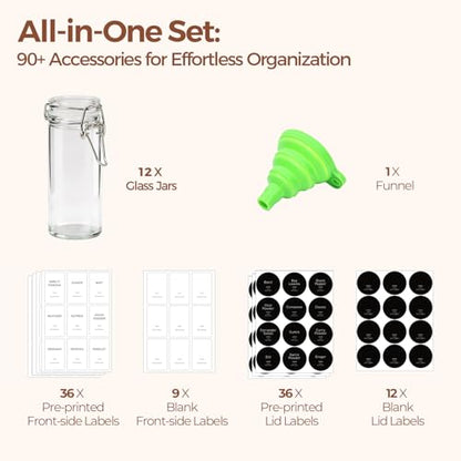 ComSaf 12 Pack 4 oz Glass Spice Jars with Airtight Swing Top Lids, Small Clear Containers for Pantry Organization, Herb Storage, DIY Crafts & Gifts - Complete Set Includes Funnel & Spice Labels - size: 4oz*12