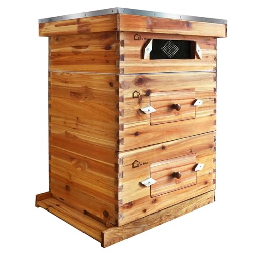 10-Frame Langstroth Bee Hive Kit, 2 Deep Boxes + 1 Medium Box, Cedarwood with Observation Window, 100% Beeswax Coated Frames & Foundations, Beginner Beekeeping Starter Set