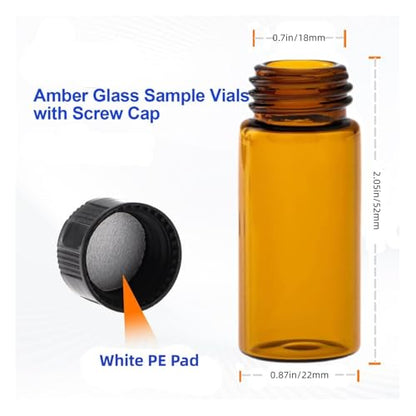 10ML Glass Sample Vial,Amber Borosilicate Glass Liquid Sampling Sample Glass Thread Bottles,22 * 52mm,18-400 Black Screw Caps with PE Liners, pack of 100. - size: 10ML