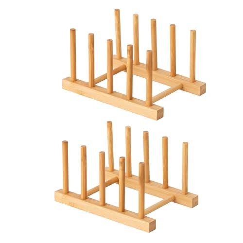 HBlife 2pcs Bamboo Dish Plate Bowl Cup Book Pot Lid Cutting Board Drying Rack Stand Drainer Storage Holder Organizer Kitchen Cabinet（Keep Dry） - color: Bamboo 4 Slots 2pcs