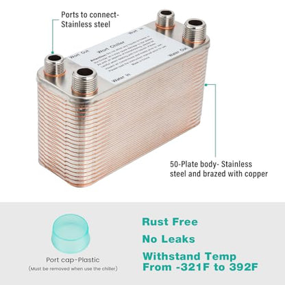 Wort Chiller 50 Plates, Brazed Plate Copper Heat Exchanger for Homebrew, Stainless Steel 7.5" x 2.9" Plate, 1/2 & 3/4 NPT Thread Connection Hot Liquid Accelerated Cooler Quick Beer Cooling System