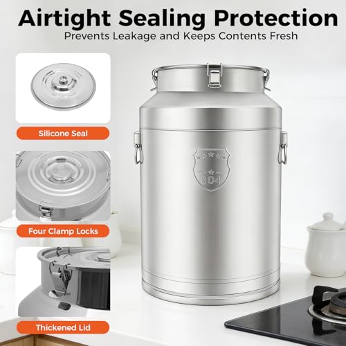 Stainless Steel Milk Can, 76L/20.1Gal Storage Bucket Airtight Canister with Lid, Wine Oil Beverage Storage Container for Kitchen Restaurant Party, W15.8*H25.2in - size: 76L/20.1Gal w/o Faucet