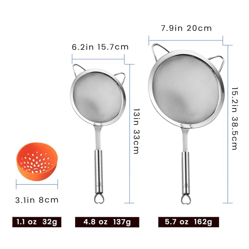 Stainless Steel Fine Mesh Strainer Set, Colander Set with 1 Large Flour Sifter (Sturdy Handle), 1 Small Mesh Sieve for Pasta & Rice, 1 Silicone Can Strainer – Durable, Dishwasher Safe, 5-Year Warranty
