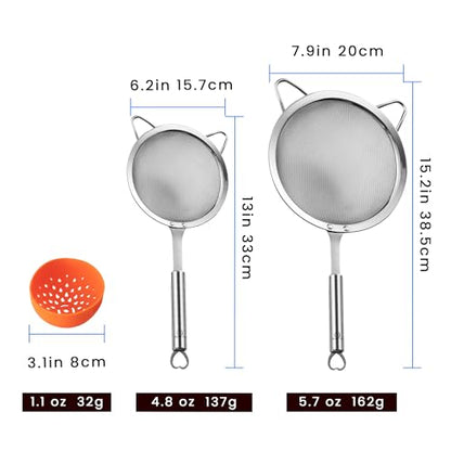 Stainless Steel Fine Mesh Strainer Set, Colander Set with 1 Large Flour Sifter (Sturdy Handle), 1 Small Mesh Sieve for Pasta & Rice, 1 Silicone Can Strainer – Durable, Dishwasher Safe, 5-Year Warranty
