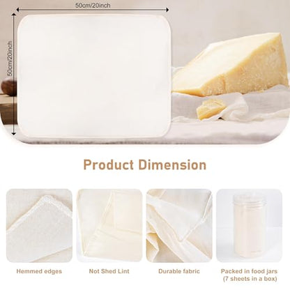 7 Pcs Reusable Cheese Cloths for Straining, 20x20 Inch Hemmed Cheese Cloth Bag for Straining, 100% Unbleached Cotton Cheesecloth for Cooking, Baking, Juicing, Cheese Making, Grade 100, Precut