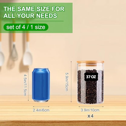 Glass Food Jars with Lids,37oz Glass Storage Containers with Airtight Bamboo Lids,Round Glass Canister Set of 4, Pantry Organizers and Storage for Cookie Flour Oat Pasta Tea Coffee Bean - size: 37oz-Set of 4
