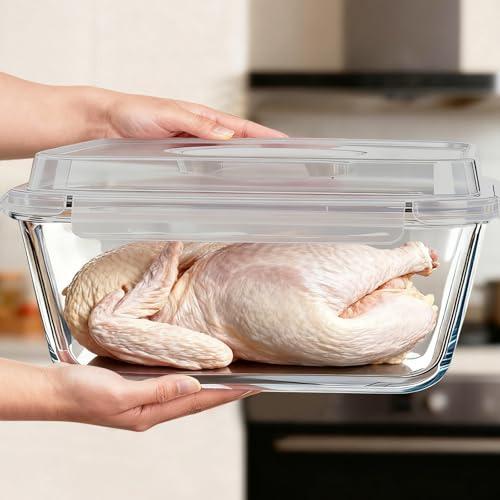 Extra Large Glass Storage Containers with Lids 220oz/6500ml/28cup | Silicone Mat Included | Borosilicate Glass | Airtight | Freezer Oven Dishwasher Safe | Rotisserie Chicken | XL Big Food Bowl - color: White handle