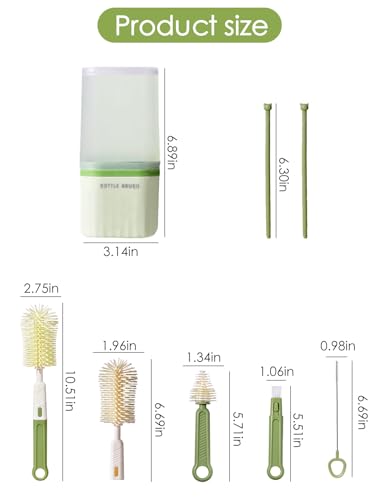 Baby Bottle Brush Set-Travel Bottle Cleaner Kit with Silicone Brush,Drying Rack,Nipple Brush,Straw Brush,Bottle Mouth Brush,Storage Box-6 in 1 Portable Bottle Washing Kit for Home and Travel