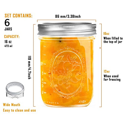 Miuyhji Wide Mouth Mason Jars 16 oz with Lids [6 Pack], Canning Jars with Metal Airtight Lids and Bands, 16 oz Glass Jars for Fermenting, Pickling, Freezing, Preserving, Meal Prep, Jar Décor - size: 16 oz-6Pcs (Clear)