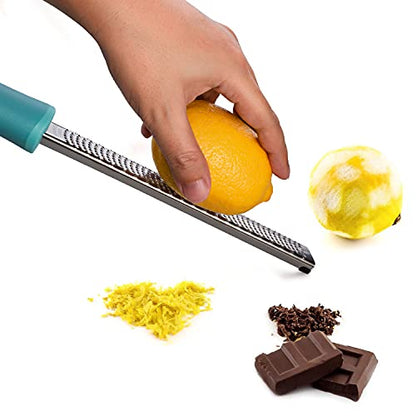 8-Inch Lemon Zester & Cheese Grater 18/8 Stainless Steel Citrus Zester for Lemon, Lime, Parmesan, Garlic & Ginger 8’’ Long Razor Sharp Blade, Ergonomic Non‑Slip Handle with Protective Cover, Blue - color: B-Blue