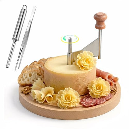Girolle Cheese Curler with Hole Punch & Tweezers - Natural Beech Wood Cheese Shaver for Tete de Moine, Parmesan & Chocolate - Cheese Flower Cutter for Charcuterie Board Accessories & Gifts