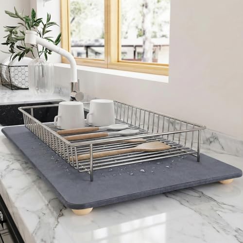 Stone Drying Mat for Kitchen Counter with 5 Wooden Feet, 19.7"×14.7" Diatomaceous Earth Dish Drying Mat, Elevated Drying Stone Mat for Modern Kitchen Countertop (Dark Gray, Standard-Solid) - color: Dark Gray, size: Standard-Solid
