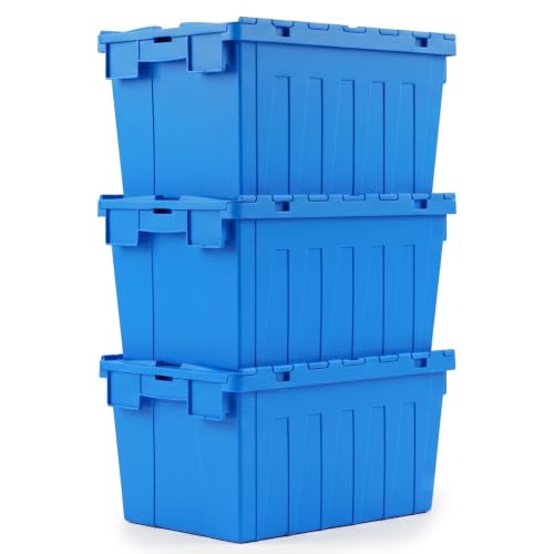 Storage Totes with Hinged Lids, 16 Gallon 3-Pack – Heavy-Duty Stackable & Nesting Bins with Attached Lid – Lockable 24x16x13 in Plastic Containers for Moving, Garage & Warehouse, Blue - color: 3 Pack