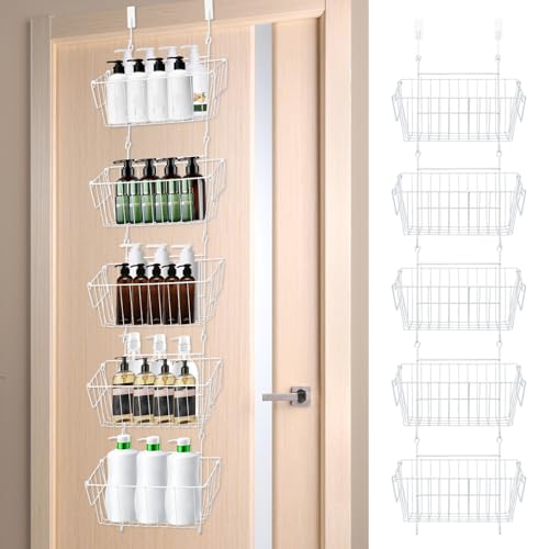 Over The Door Organizer – 5 Removable Hanging Baskets, Back of Door Storage for Bathroom, Kitchen, Pantry & Garage, No Tools Needed, 3 Installation Methods (Wall/Door Mount) White - color: WHITE